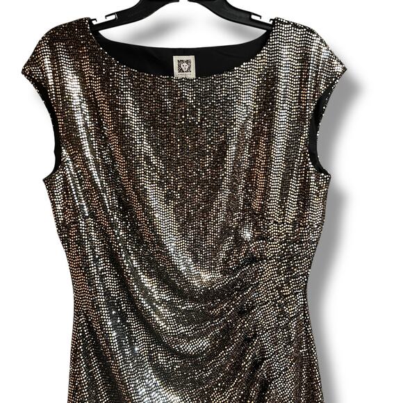 Anne Klein Size 12 Metallic Gold Ruched Cap Sleep Sheath Dress Knee Length NWT - Picture 6 of 12